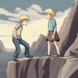 A dramatic scene where a blonde boy is falling off a cliff, while a brunette girl watches in agony