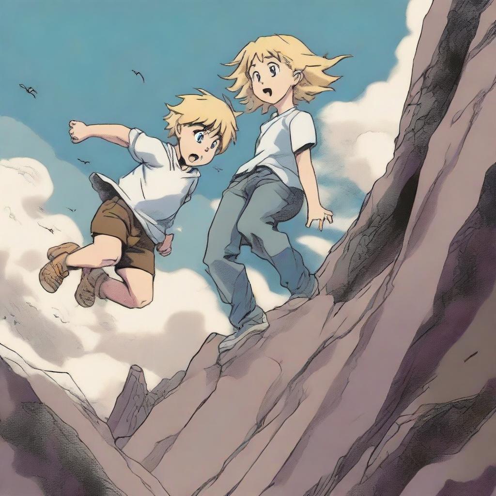 A dramatic scene where a blonde boy is falling off a cliff, while a brunette girl watches in agony