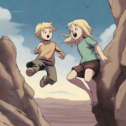 A dramatic scene where a blonde boy is falling off a cliff, while a brunette girl watches in agony