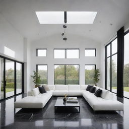 Depict a luxurious, minimalist living room with a black marble floor, smooth white ceiling with a suspended luminary at its center, large black aluminum bay windows, and a white, texture-rich sofa with sleek lines in the center.