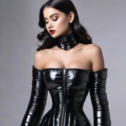 A detailed image of a sexy girl wearing a tight black shiny puffer corset