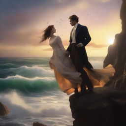 A dramatic scene of star-crossed lovers falling off a cliff, holding hands as they descend