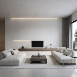 Render a luxurious living room with a minimalist design.