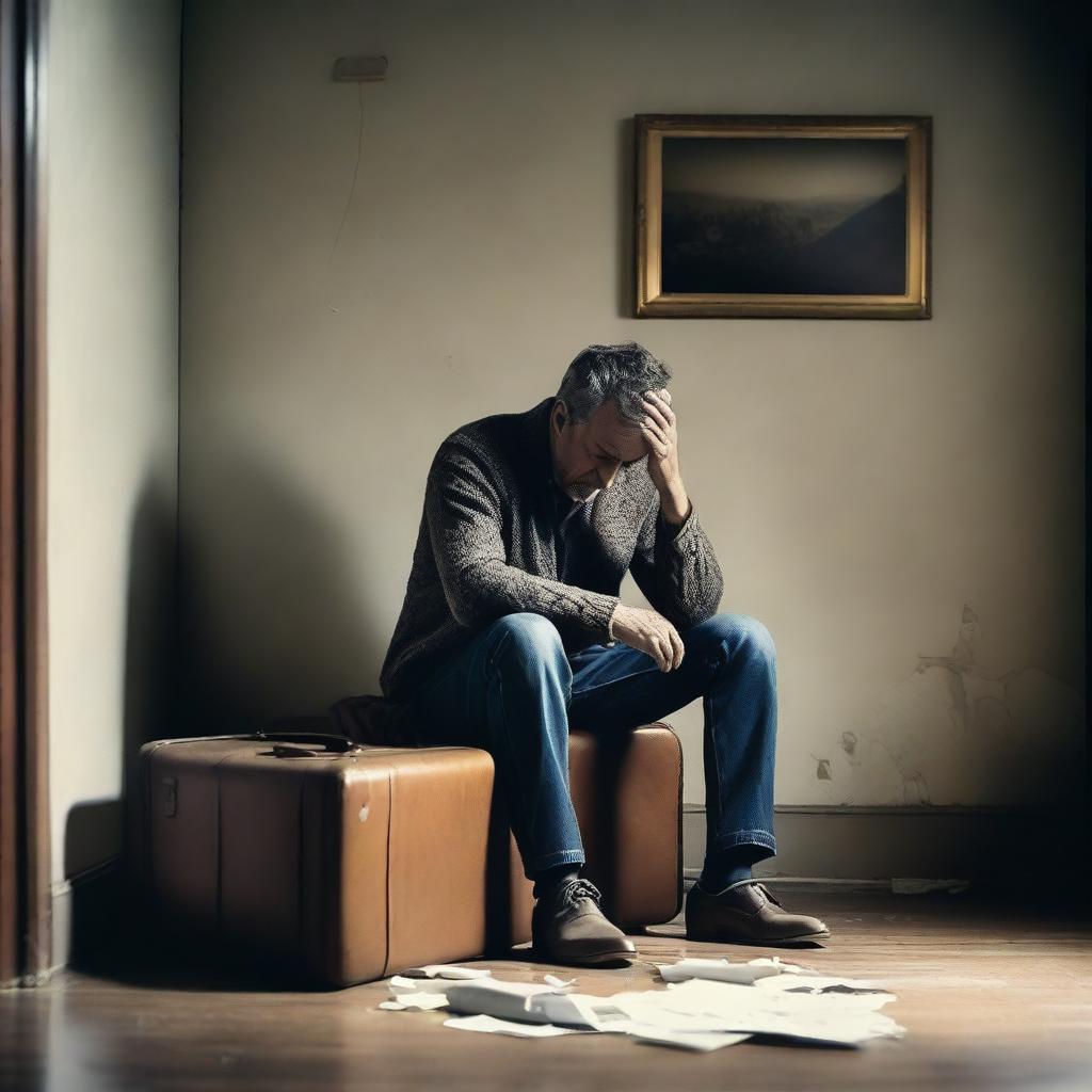 A man looking distressed and alone, sitting in a dimly lit room with a suitcase beside him