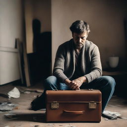 A man looking distressed and alone, sitting in a dimly lit room with a suitcase beside him