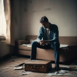 A man looking distressed and alone, sitting in a dimly lit room with a suitcase beside him