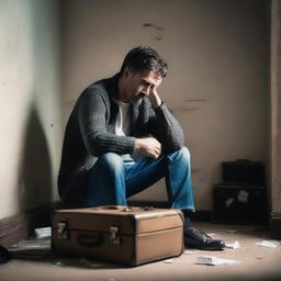 A man looking distressed and alone, sitting in a dimly lit room with a suitcase beside him