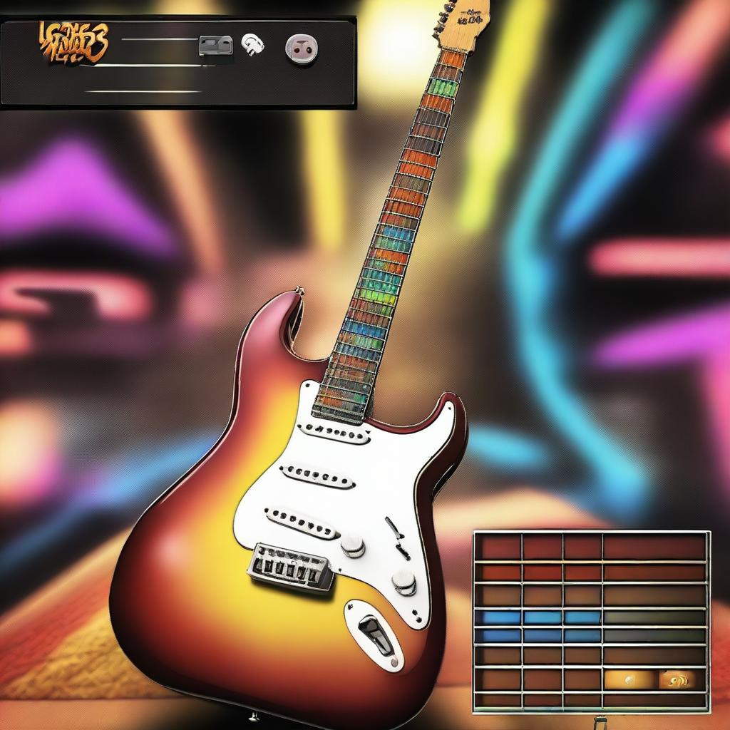 A detailed image of a strikeline from Guitar Hero 3, showing the colorful notes and the guitar fretboard