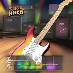 A detailed image of a strikeline from Guitar Hero 3, showing the colorful notes and the guitar fretboard