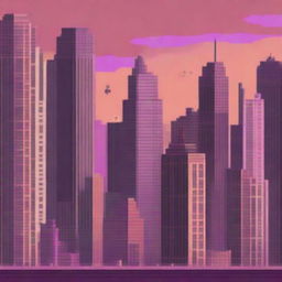 A pixel art scene featuring a city skyline in the background