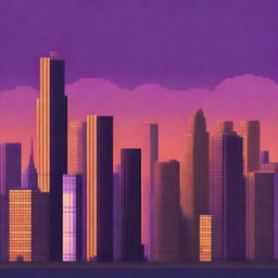 A pixel art scene featuring a city skyline in the background