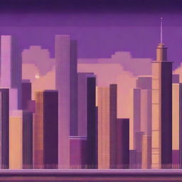 A pixel art scene featuring a city skyline in the background