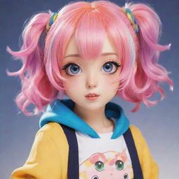 An anime girl featuring brightly colored hair, large expressive eyes, and a cute outfit.