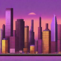 A pixel art scene featuring a city skyline in the background