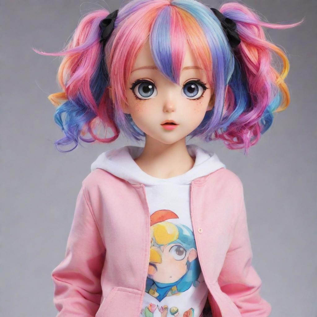 An anime girl featuring brightly colored hair, large expressive eyes, and a cute outfit.