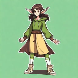 A female elf with a round face, yellow eyes, and long wavy dark brown hair that runs past her hips