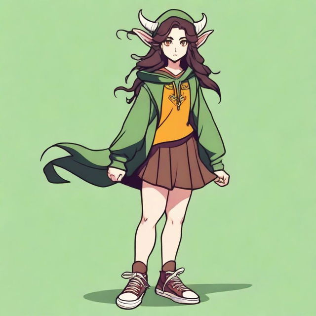 A female elf with a round face, yellow eyes, and long wavy dark brown hair that runs past her hips