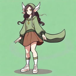 A female elf with a round face, yellow eyes, and long wavy dark brown hair that runs past her hips