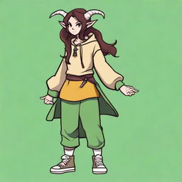 A female elf with a round face, yellow eyes, and long wavy dark brown hair that runs past her hips