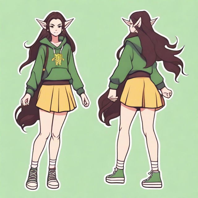 A female elf with a round face, yellow eyes, and long wavy dark brown hair that runs past her hips