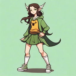 A female elf with a round face, yellow eyes, and long wavy dark brown hair that runs past her hips