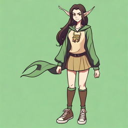 A female elf with a round face, yellow eyes, and long wavy dark brown hair that runs past her hips