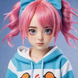 An anime girl featuring brightly colored hair, large expressive eyes, and a cute outfit.