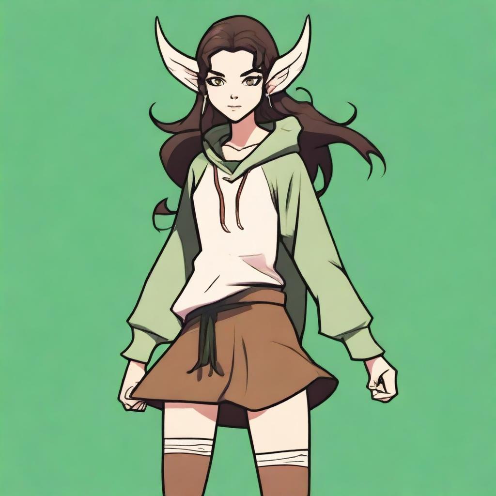 A female elf with a round face, yellow eyes, and long wavy dark brown hair that runs past her hips