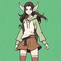 A female elf with a round face, yellow eyes, and long wavy dark brown hair that runs past her hips