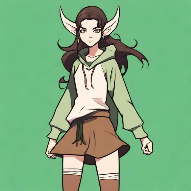 A female elf with a round face, yellow eyes, and long wavy dark brown hair that runs past her hips