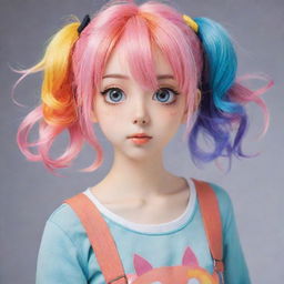 An anime girl featuring brightly colored hair, large expressive eyes, and a cute outfit.