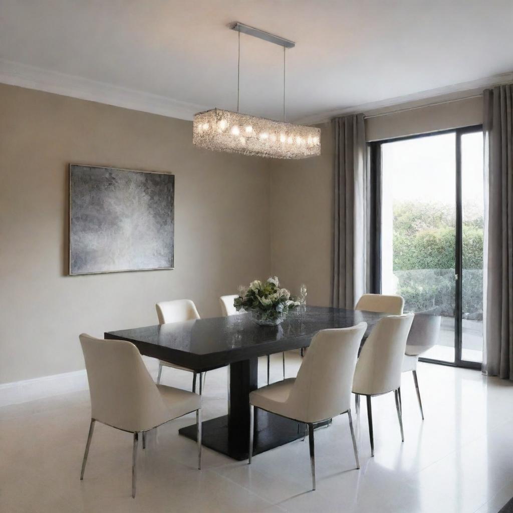 Create a luxurious dining room with minimalist design.