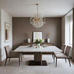 Create a luxurious dining room with minimalist design.