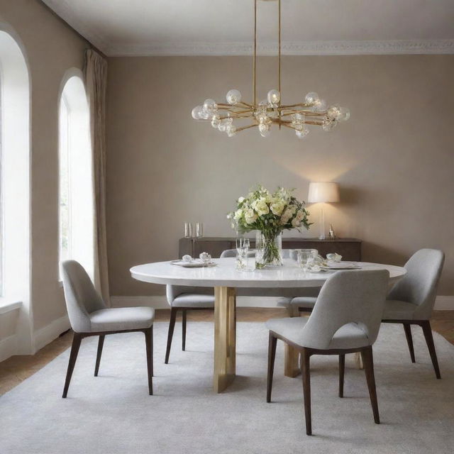 Create a luxurious dining room with minimalist design.