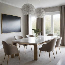 Create a luxurious dining room with minimalist design.