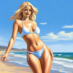 A tall blonde woman with large breasts, wearing high heels and a bikini