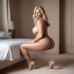 Create an artistic boudoir image of a tall blonde woman with large breasts, wearing high heels and squatting