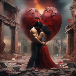 A powerful scene from Mexican mythology depicting a couple surrounded by a heart, amidst an atmosphere of destruction and pain