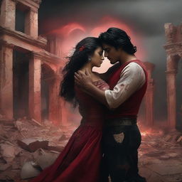 A powerful scene from Mexican mythology depicting a couple surrounded by a heart, amidst an atmosphere of destruction and pain