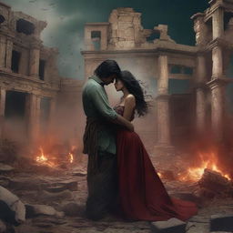 A powerful scene from Mexican mythology depicting a couple surrounded by a heart, amidst an atmosphere of destruction and pain