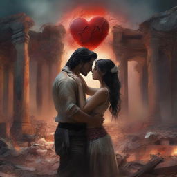 A powerful scene from Mexican mythology depicting a couple surrounded by a heart, amidst an atmosphere of destruction and pain