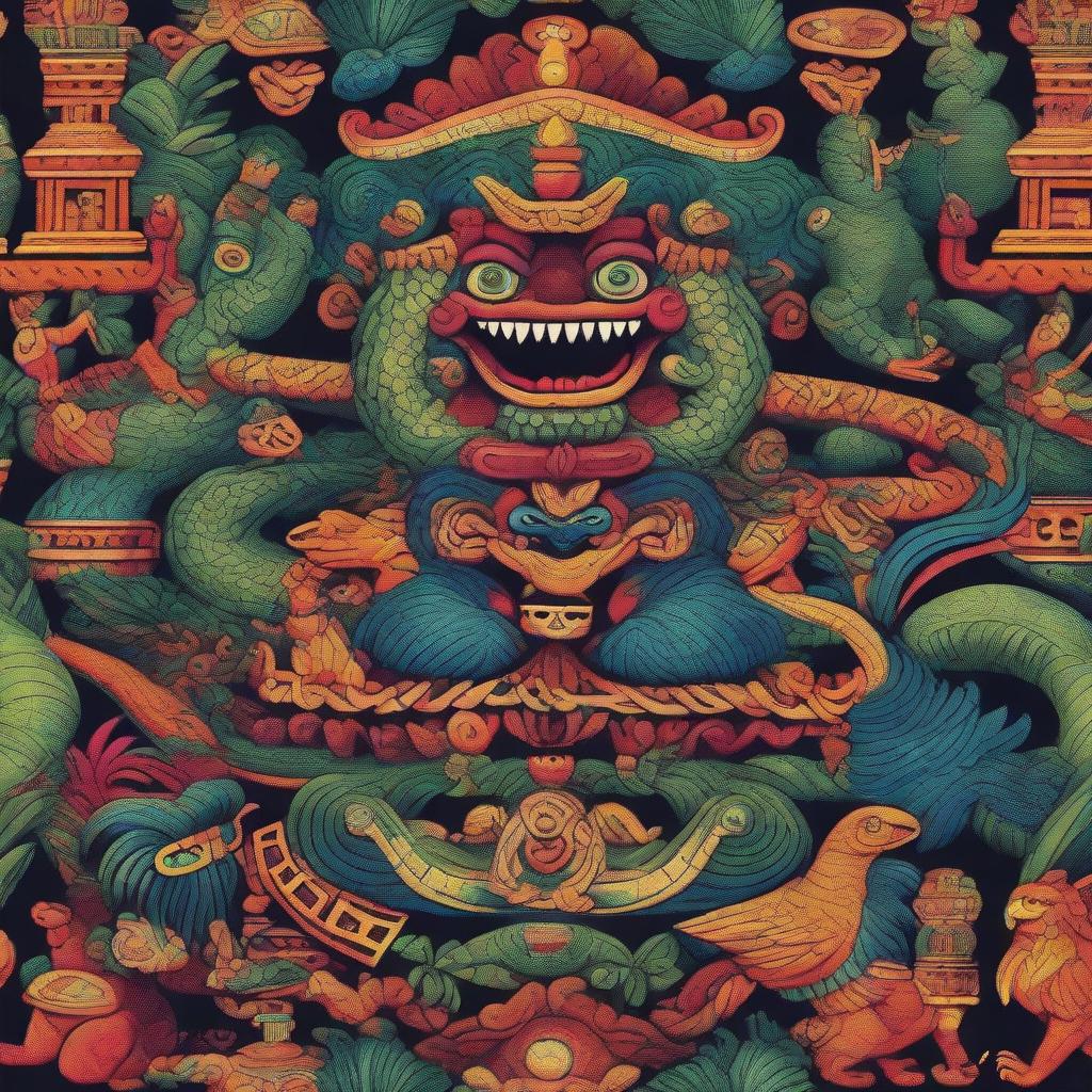 A vibrant depiction of Mexican mythology featuring gods and mythical creatures