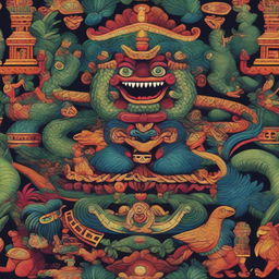 A vibrant depiction of Mexican mythology featuring gods and mythical creatures