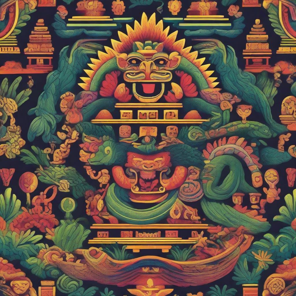 A vibrant depiction of Mexican mythology featuring gods and mythical creatures