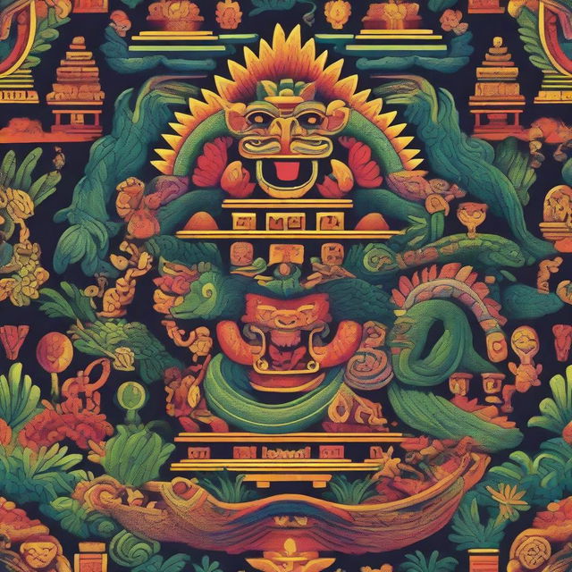 A vibrant depiction of Mexican mythology featuring gods and mythical creatures