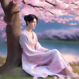 In a twilight garden with soft blue and pink tones, Alhiro, handsome and mysterious, stands under a cherry blossom tree, smirking slightly