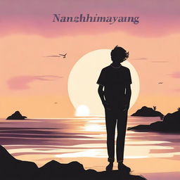 Design a book cover for 'Nanghihinayang' featuring a melancholic scene set against a sunset backdrop