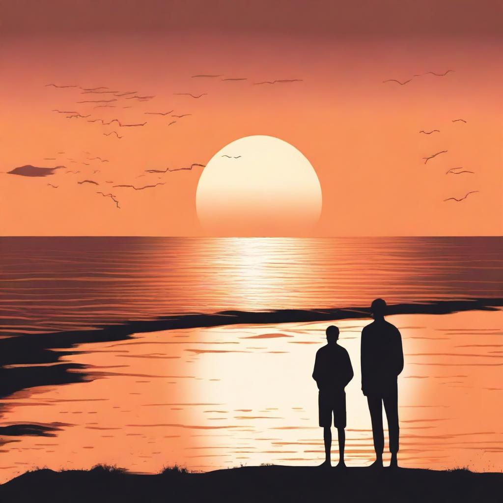 Design a book cover featuring a melancholic scene set against a sunset backdrop