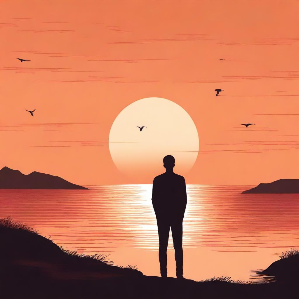 Design a book cover featuring a melancholic scene set against a sunset backdrop