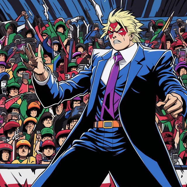 Donald Trump speaking on stage with his JoJo's Bizarre Adventure 'Stand' catching a bullet next to his head in an intense anime scene